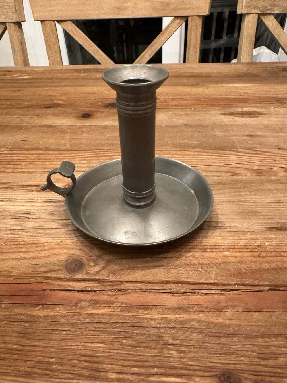Antique Pewter Chamberstick Push Up Candle Holder  w/Finger Holder